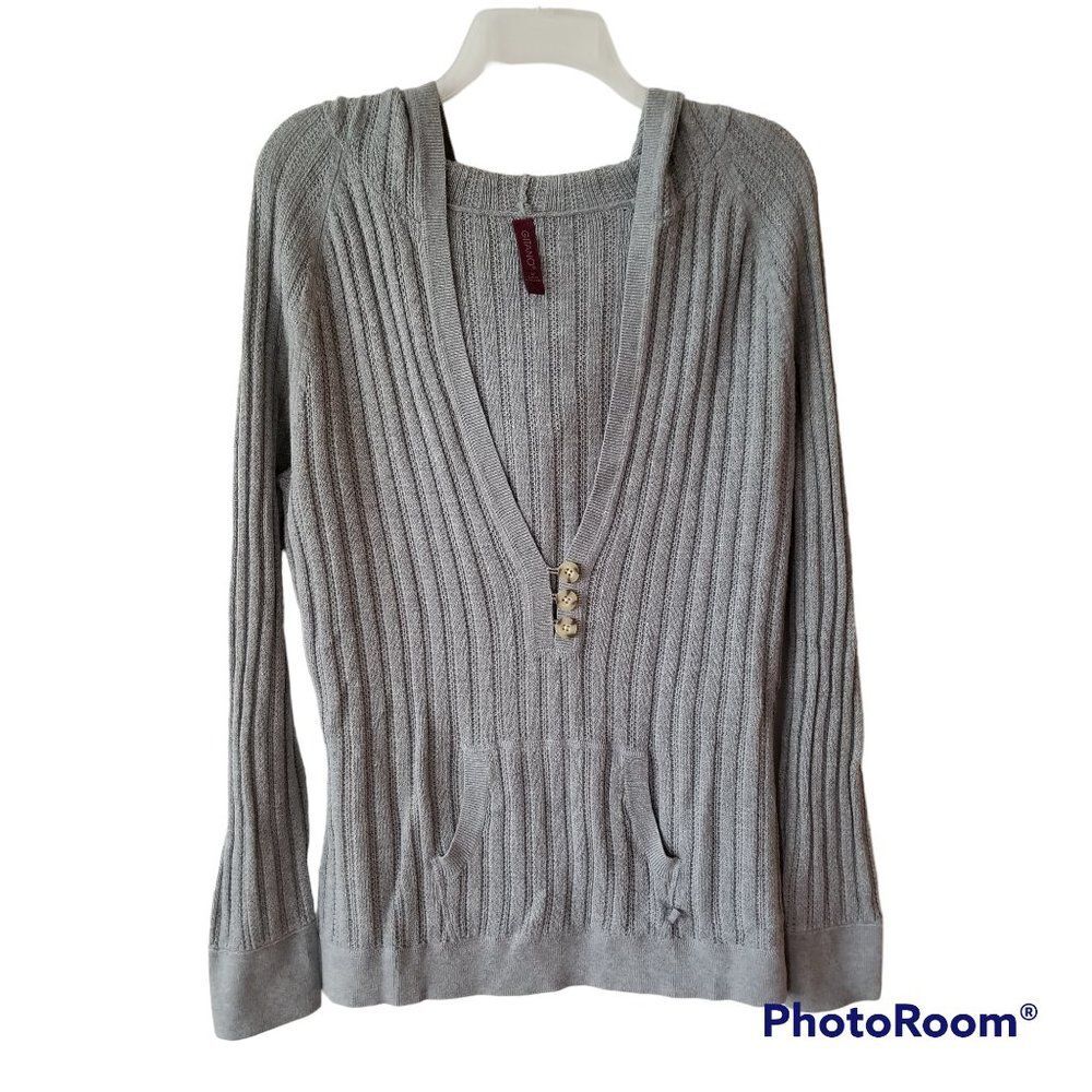 Gitano Gray Hooded Knit Sweater with Kangaroo Pocket Size Medium Lighter Weight